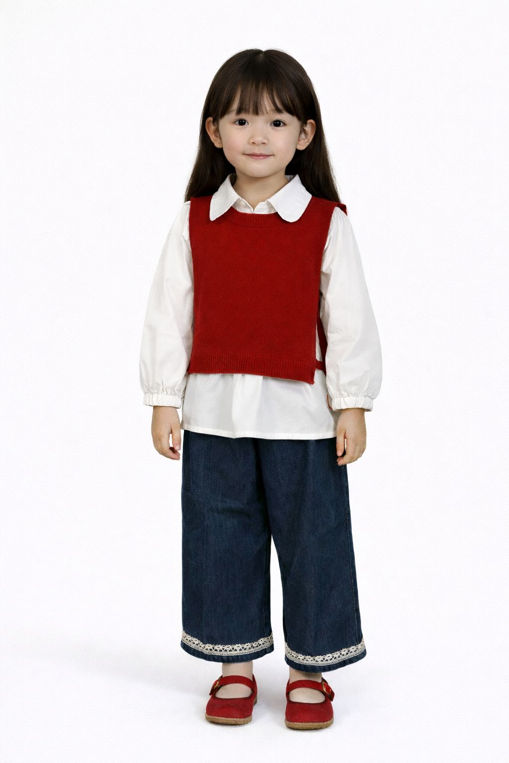 Girls’ Stylish 3-Piece Outfit Set – White Puff Sleeve Top, Red Sweater Vest & Blue Denim Pants