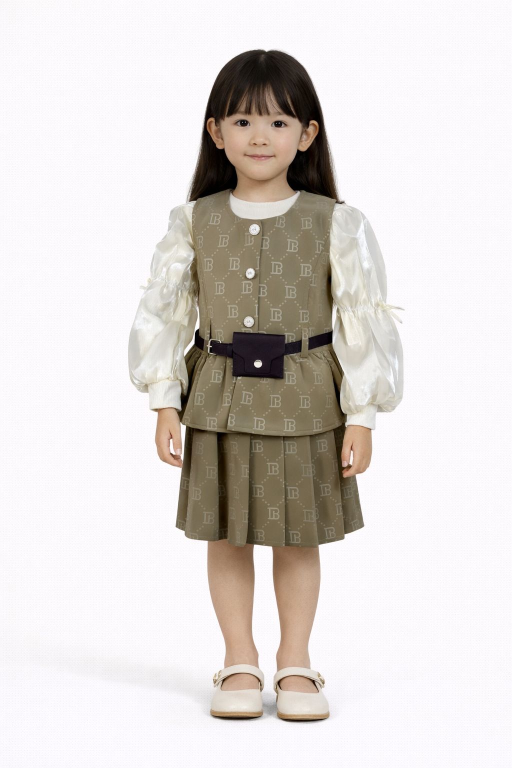 Trendy Girls 3-Piece Olive Printed Skirt Set with Puff Sleeve Top and Stylish Vest