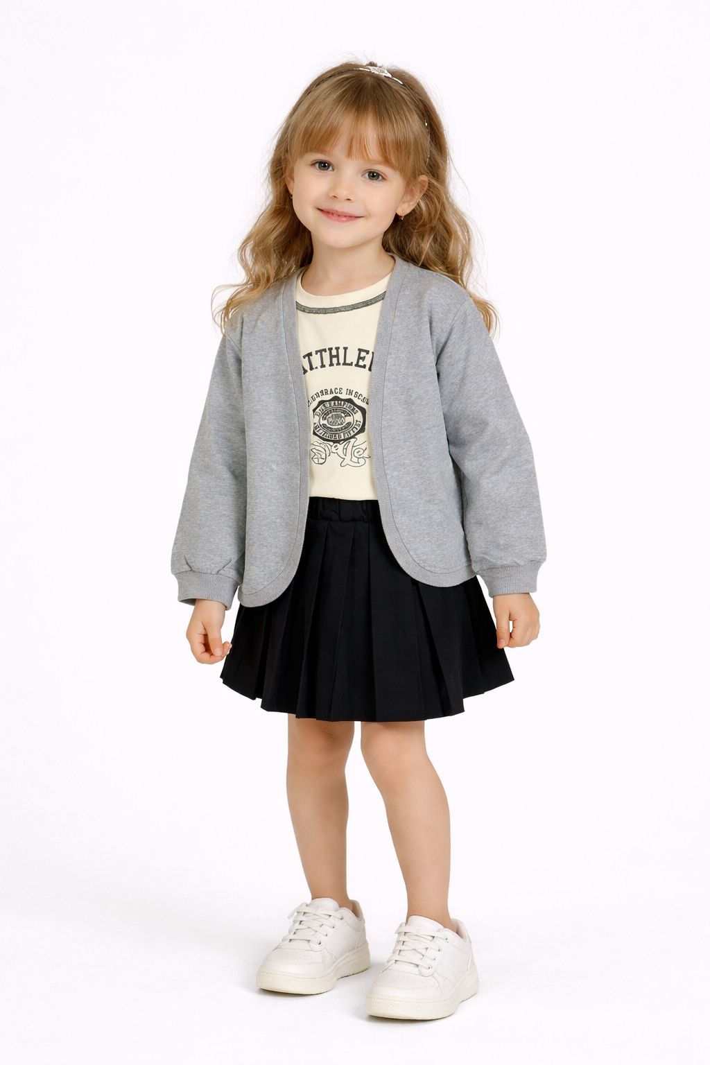 Trendy 3-Piece Girls Skirt Set – Sleeveless Top, Pleated Skirt & Grey Cardigan