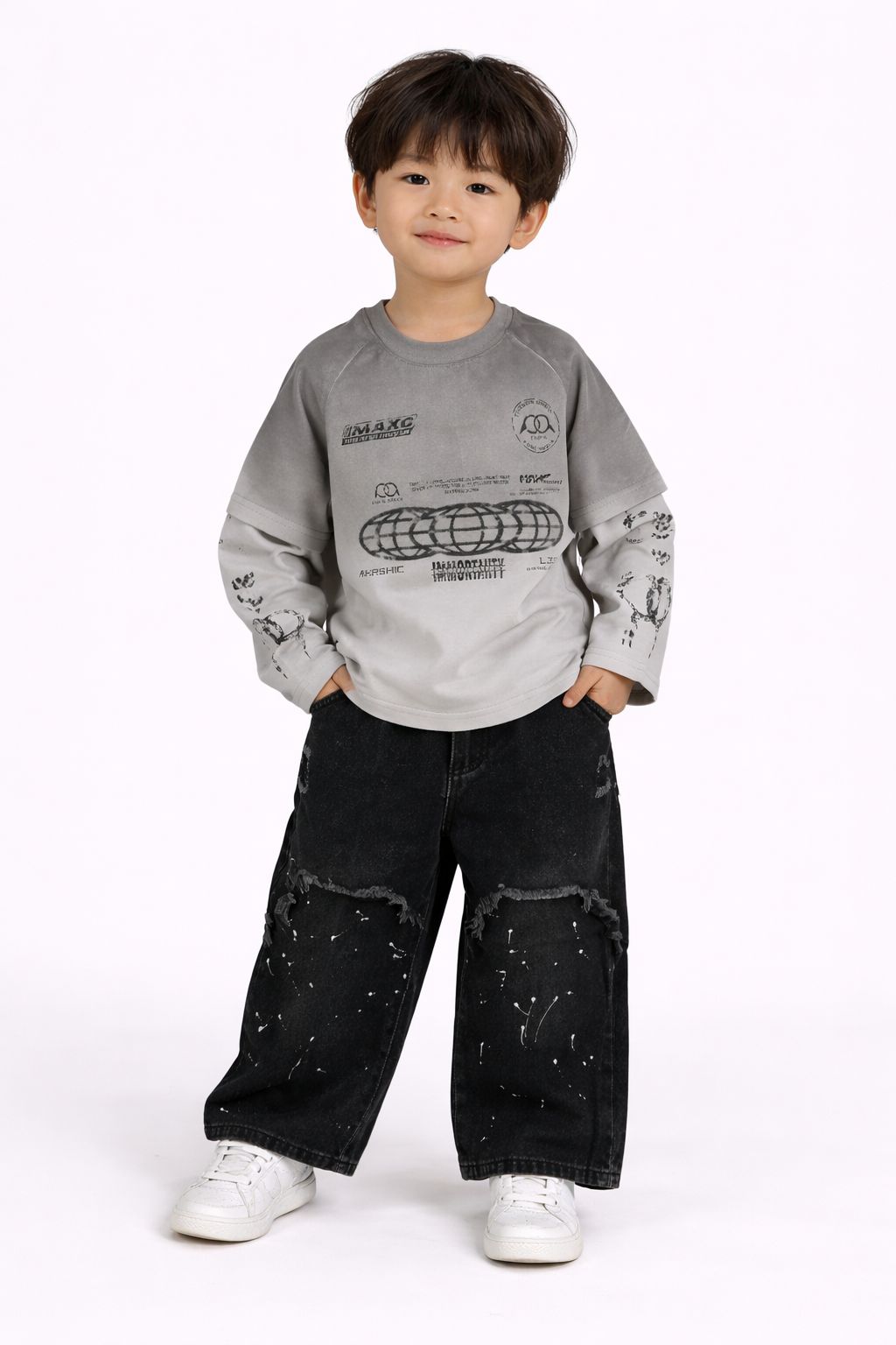 Unisex Black Distressed Wide-Leg Jeans with Paint Splatter Design