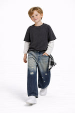 Unisex Distressed Full-Length Denim Jeans with Elastic Waist