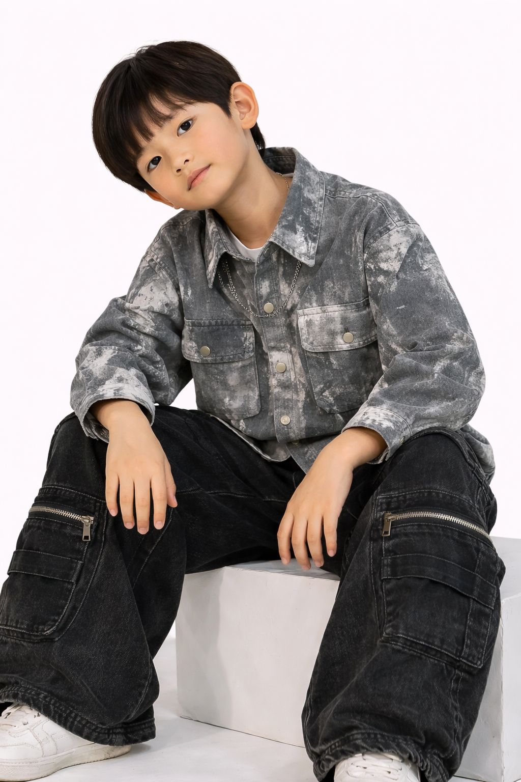 Kids Grey Tie-Dye Denim Shirt with Front Pockets