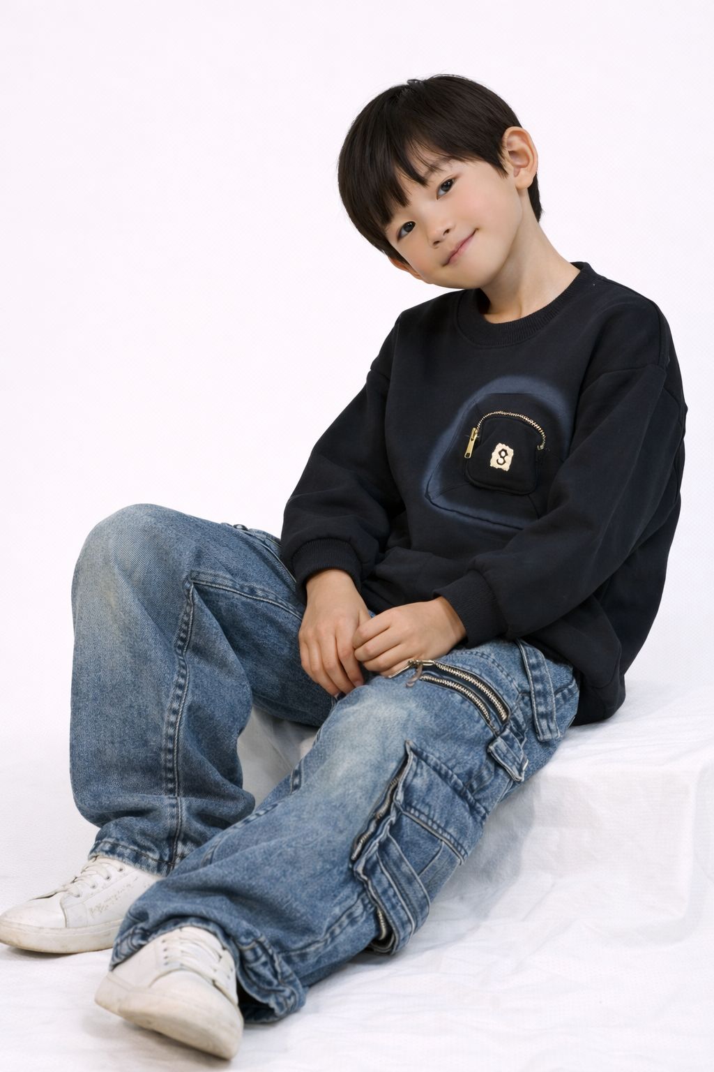 Kids Black Sweatshirt with Front Zipper Pocket Design