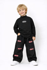 Kids Black Full Sleeve T-Shirt with White Logo | Soft Cotton Casual Top for Boys & Girls