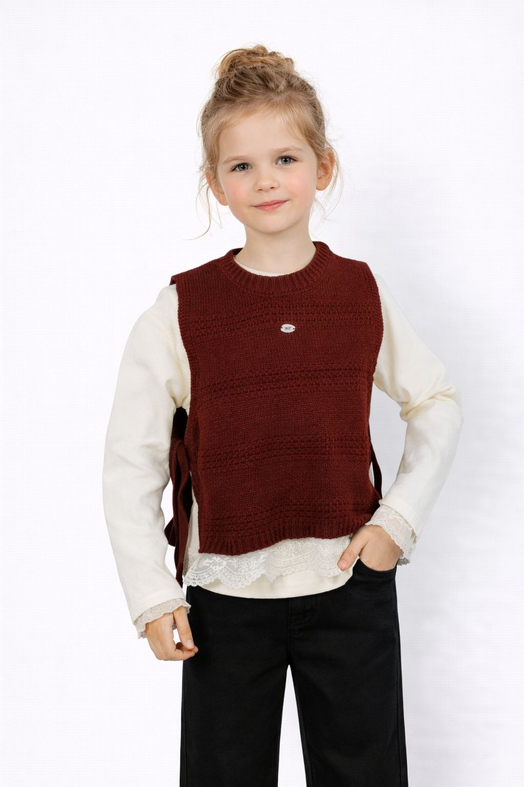 2Pc Girls Cream Full Sleeve Top with Maroon Knitted Sweater Vest Set