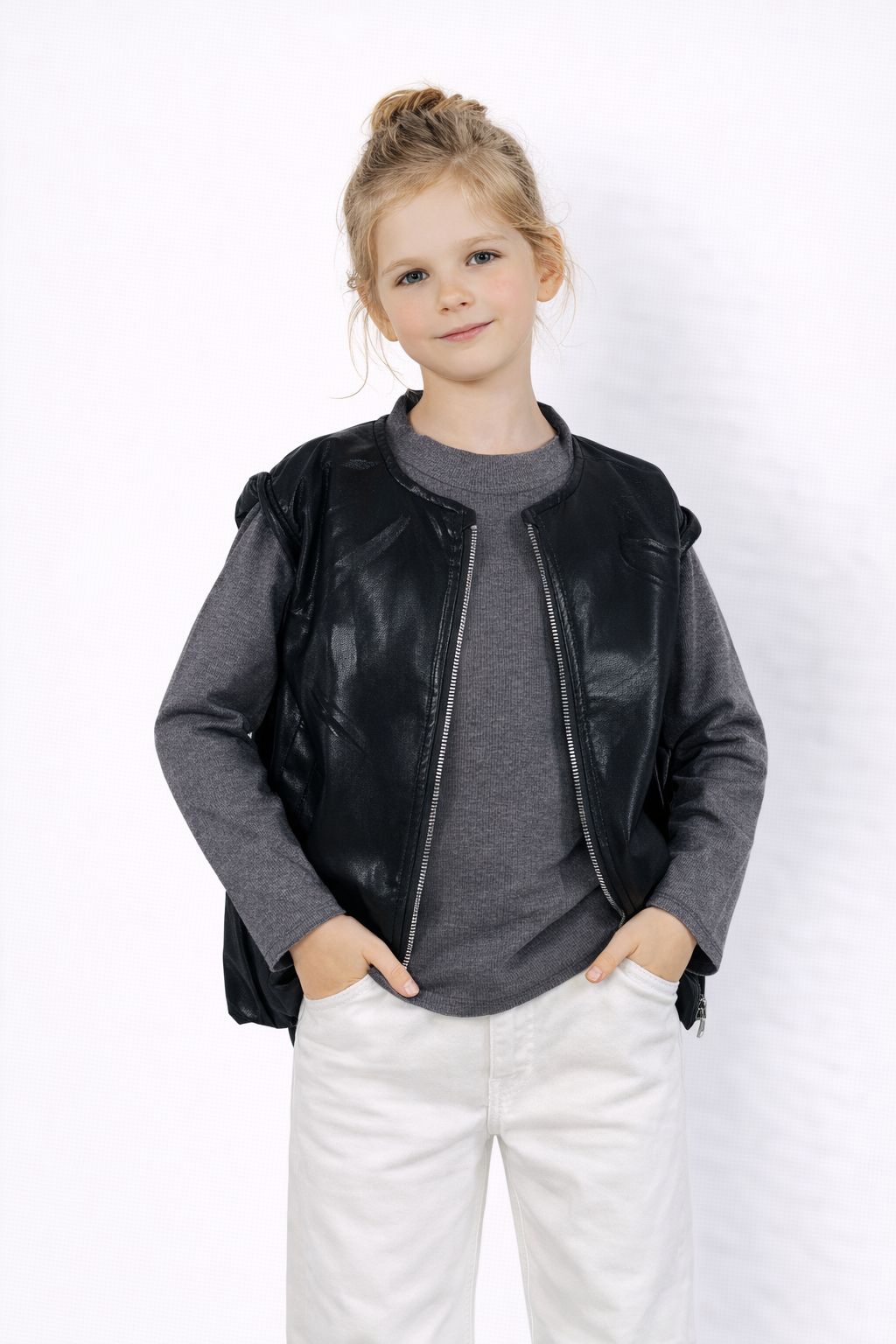 2Pc Unisex Kids Black Leather Look Sleeveless Jacket with Grey Full Sleeve T-Shirt Set