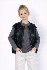 2Pc Unisex Kids Black Leather Look Sleeveless Jacket with Grey Full Sleeve T-Shirt Set