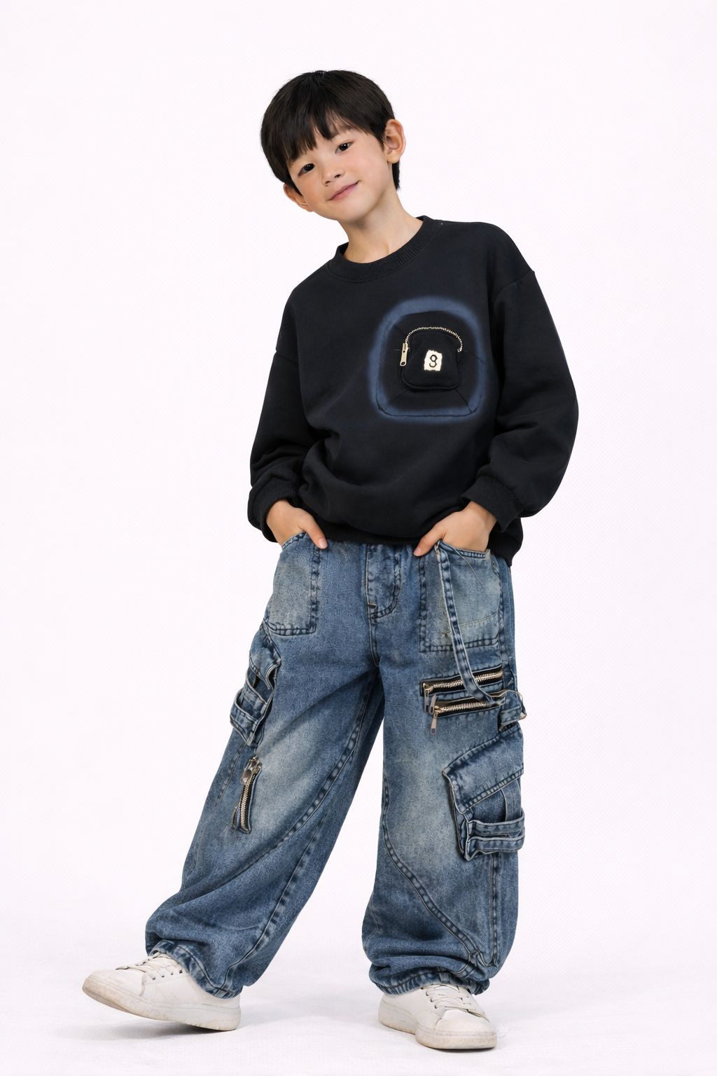 Kids Blue Denim Cargo Pant with Elastic Waist and Zipper Pockets