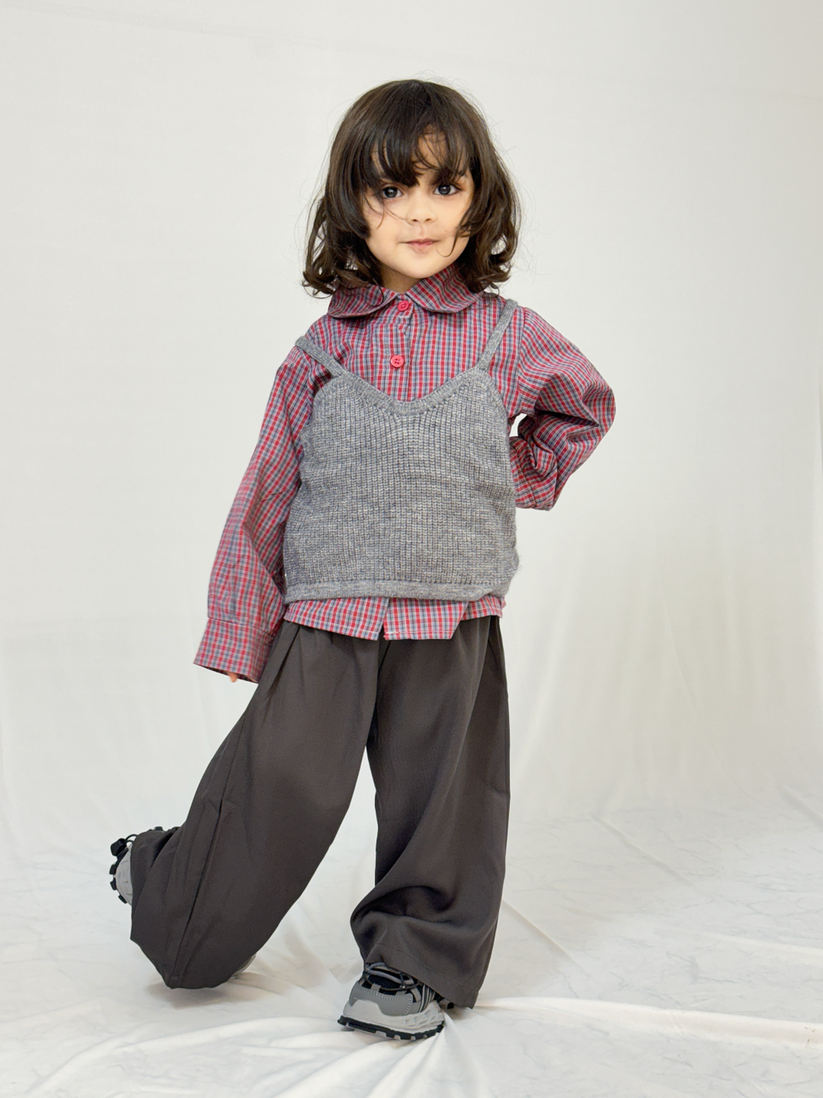 Trendy Girls’ 3-Piece Outfit Set – Checked Shirt, Grey Sweater Top &amp; Wide-Leg Pants