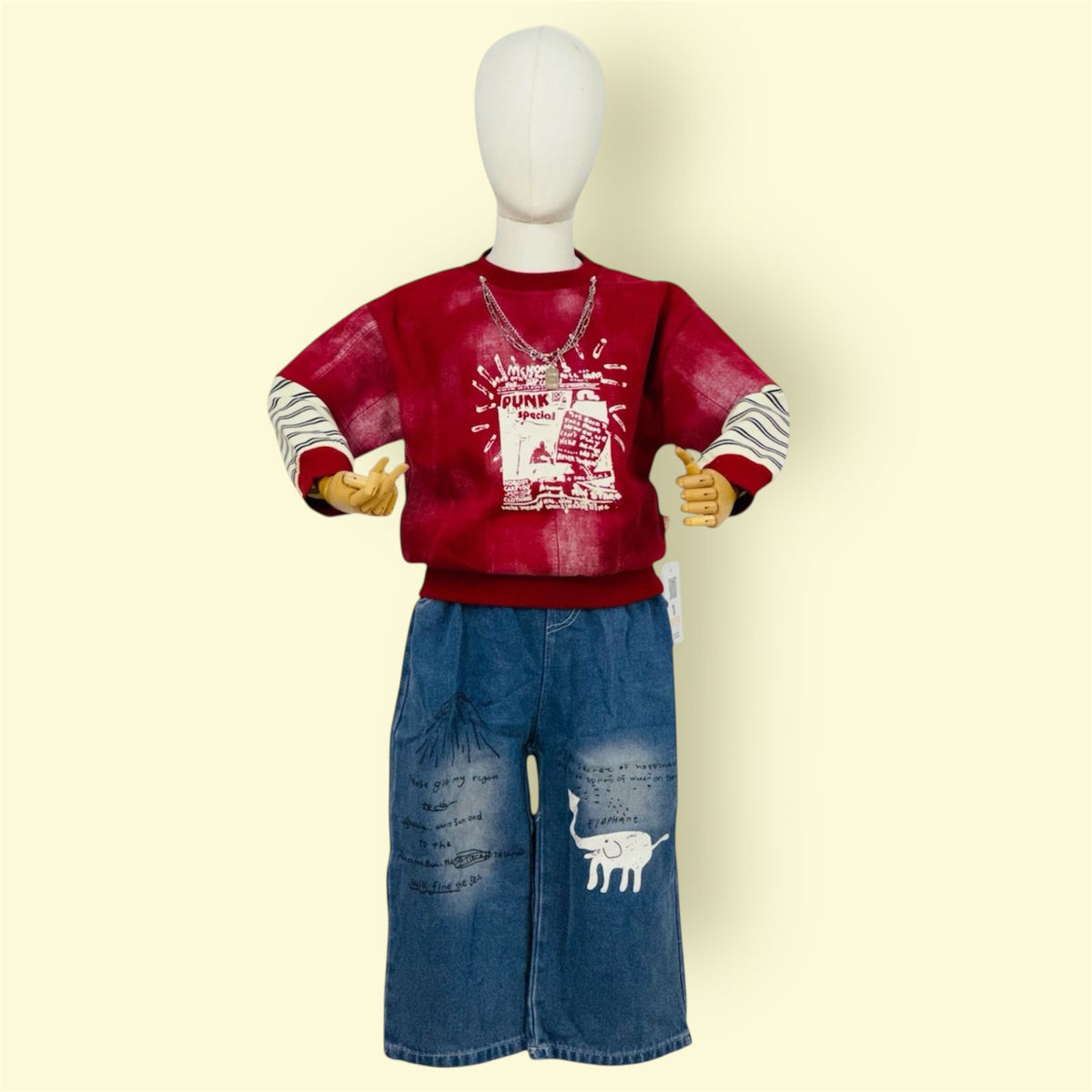 2Pc Unisex Kids Graphic Sweatshirt & Wide-Leg Denim Jeans Set