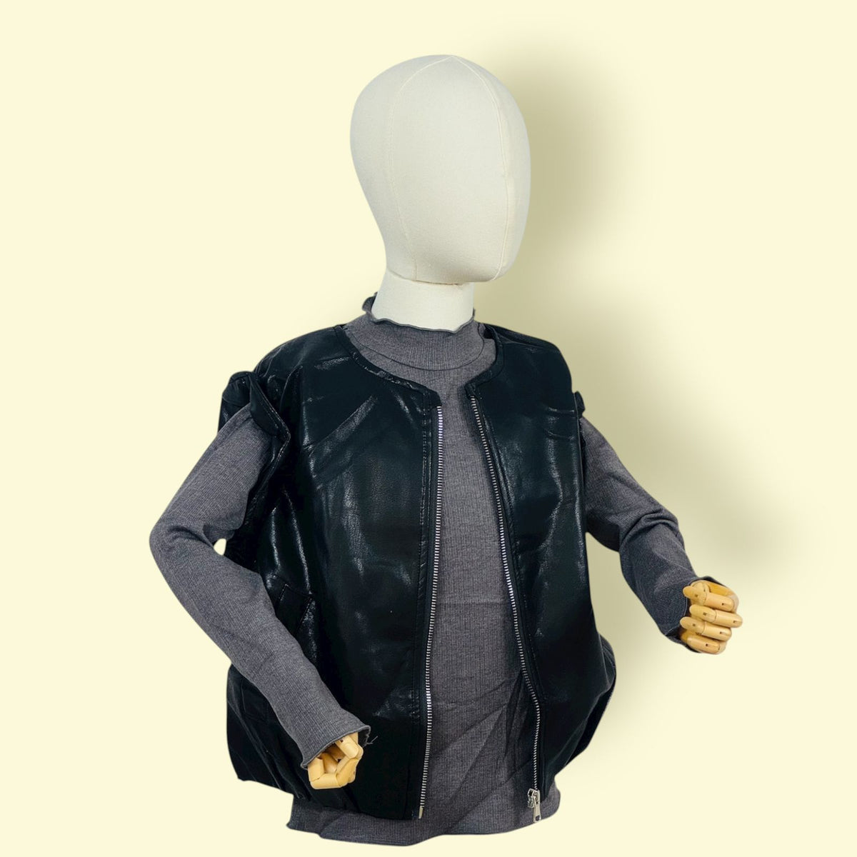 2Pc Unisex Kids Black Leather Look Sleeveless Jacket with Grey Full Sleeve T-Shirt Set