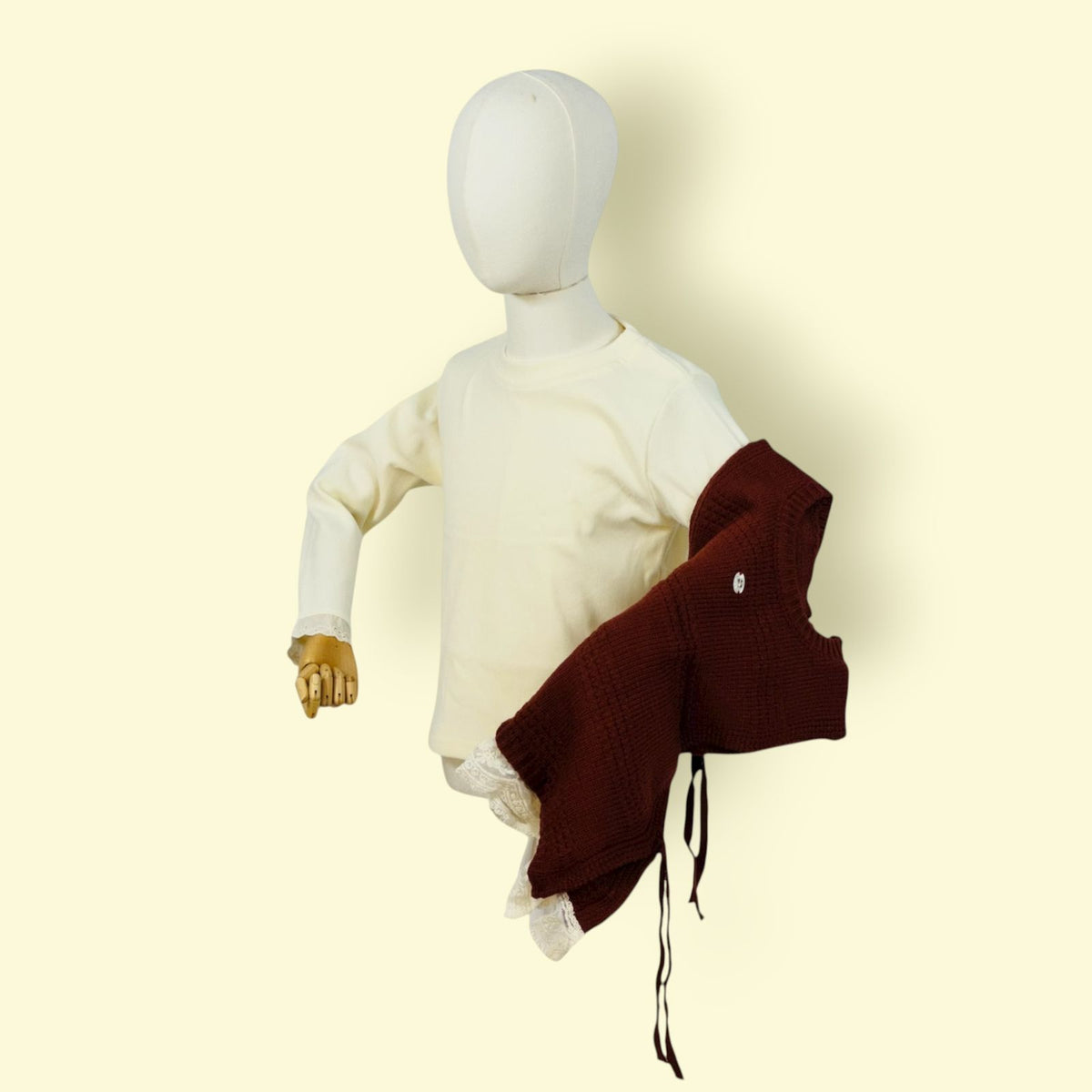 2Pc Girls Cream Full Sleeve Top with Maroon Knitted Sweater Vest Set