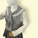 3Pc Girls’ Grey Pleated Skirt &amp; Cream Top with Knitted Lace Vest Set