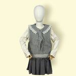 3Pc Girls’ Grey Pleated Skirt &amp; Cream Top with Knitted Lace Vest Set