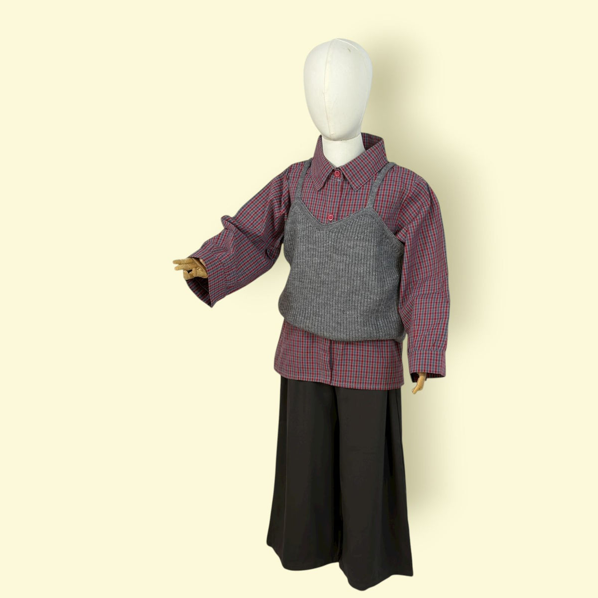 Trendy Girls’ 3-Piece Outfit Set – Checked Shirt, Grey Sweater Top &amp; Wide-Leg Pants