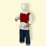 Girls’ Stylish 3-Piece Outfit Set – White Puff Sleeve Top, Red Sweater Vest &amp; Blue Denim Pants