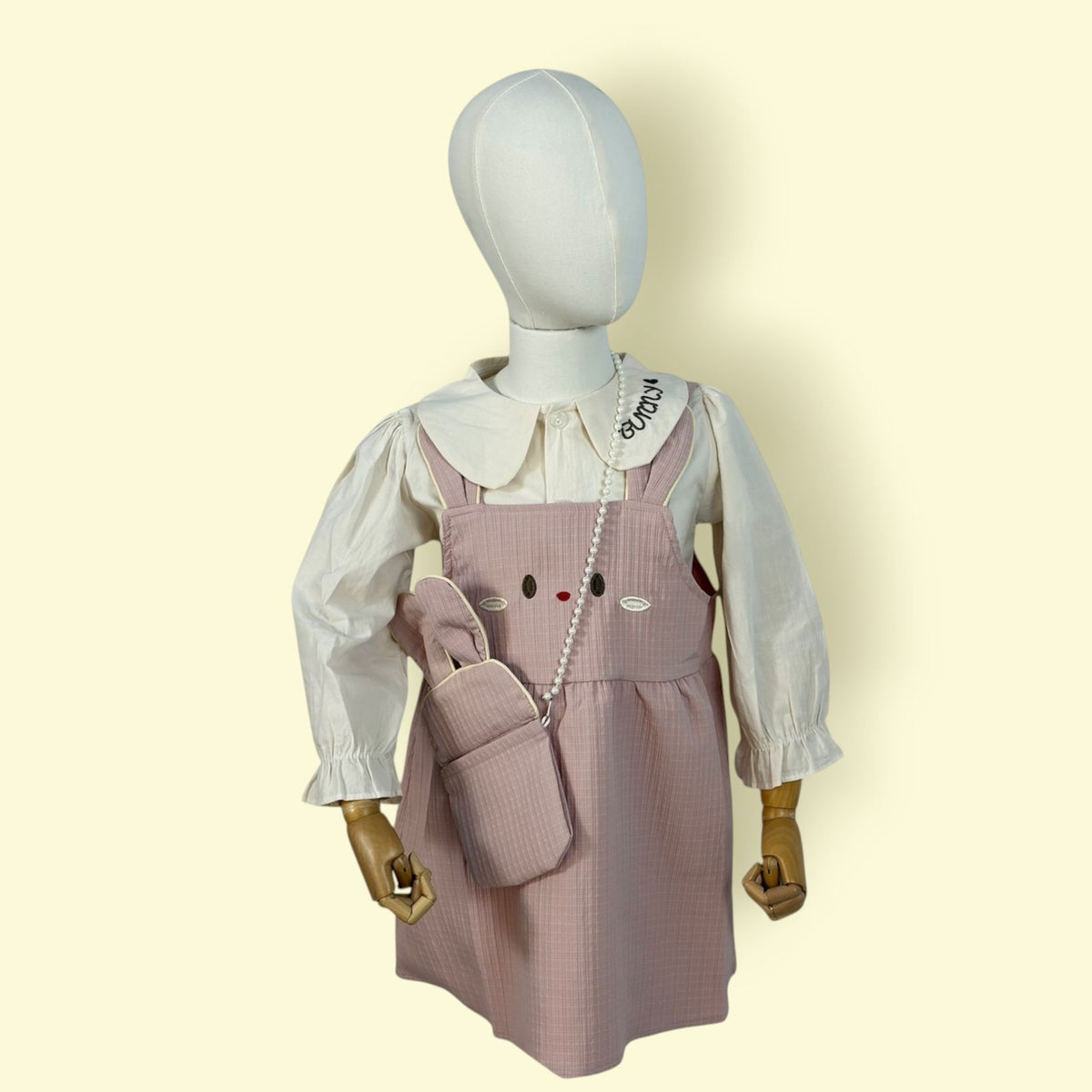Cute Girls 3-Piece Pink Pinafore Dress Set with White Shirt and Matching Bag