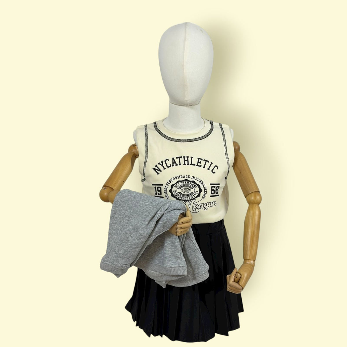 Trendy 3-Piece Girls Skirt Set – Sleeveless Top, Pleated Skirt & Grey Cardigan