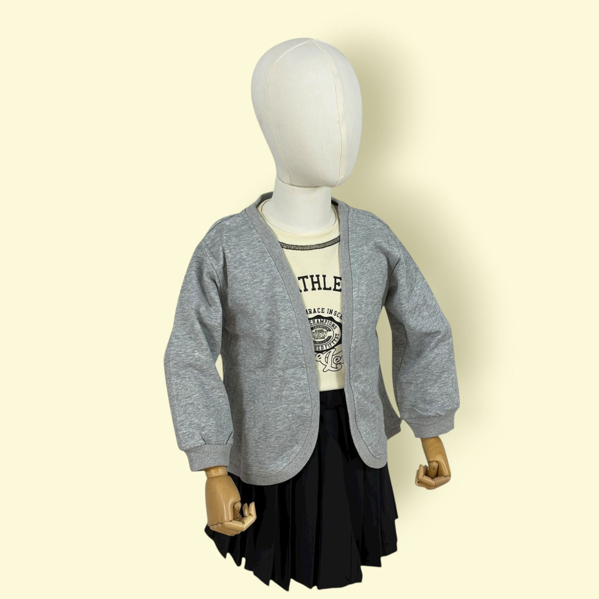 Trendy 3-Piece Girls Skirt Set – Sleeveless Top, Pleated Skirt & Grey Cardigan