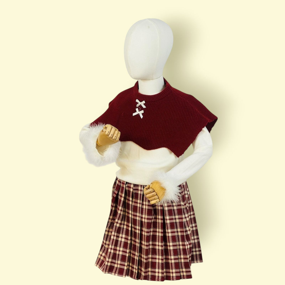 Stylish Kids 3-Piece Winter Outfit – Cream Sweater, Red Knit Cape &Plaid Skirt Set