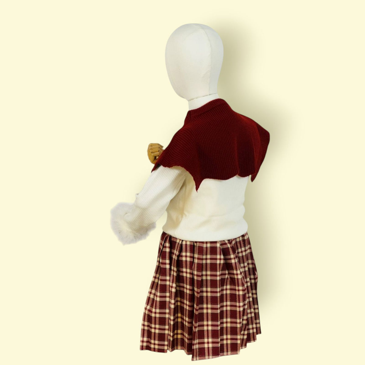 Stylish Kids 3-Piece Winter Outfit – Cream Sweater, Red Knit Cape &Plaid Skirt Set