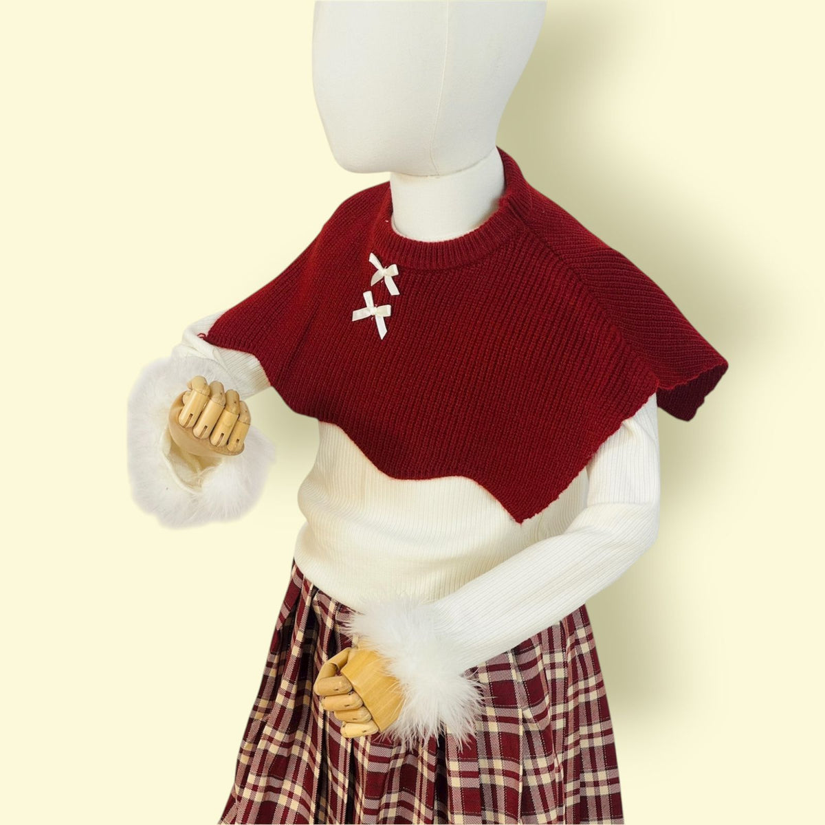 Stylish Kids 3-Piece Winter Outfit – Cream Sweater, Red Knit Cape &Plaid Skirt Set