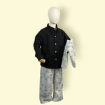 Stylish 3-Piece Unisex Outfit Set | Kids Streetwear Fashion – Black Shirt, Printed Grey Top & Loose Pants