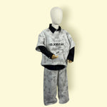 Stylish 3-Piece Unisex Outfit Set | Kids Streetwear Fashion – Black Shirt, Printed Grey Top & Loose Pants