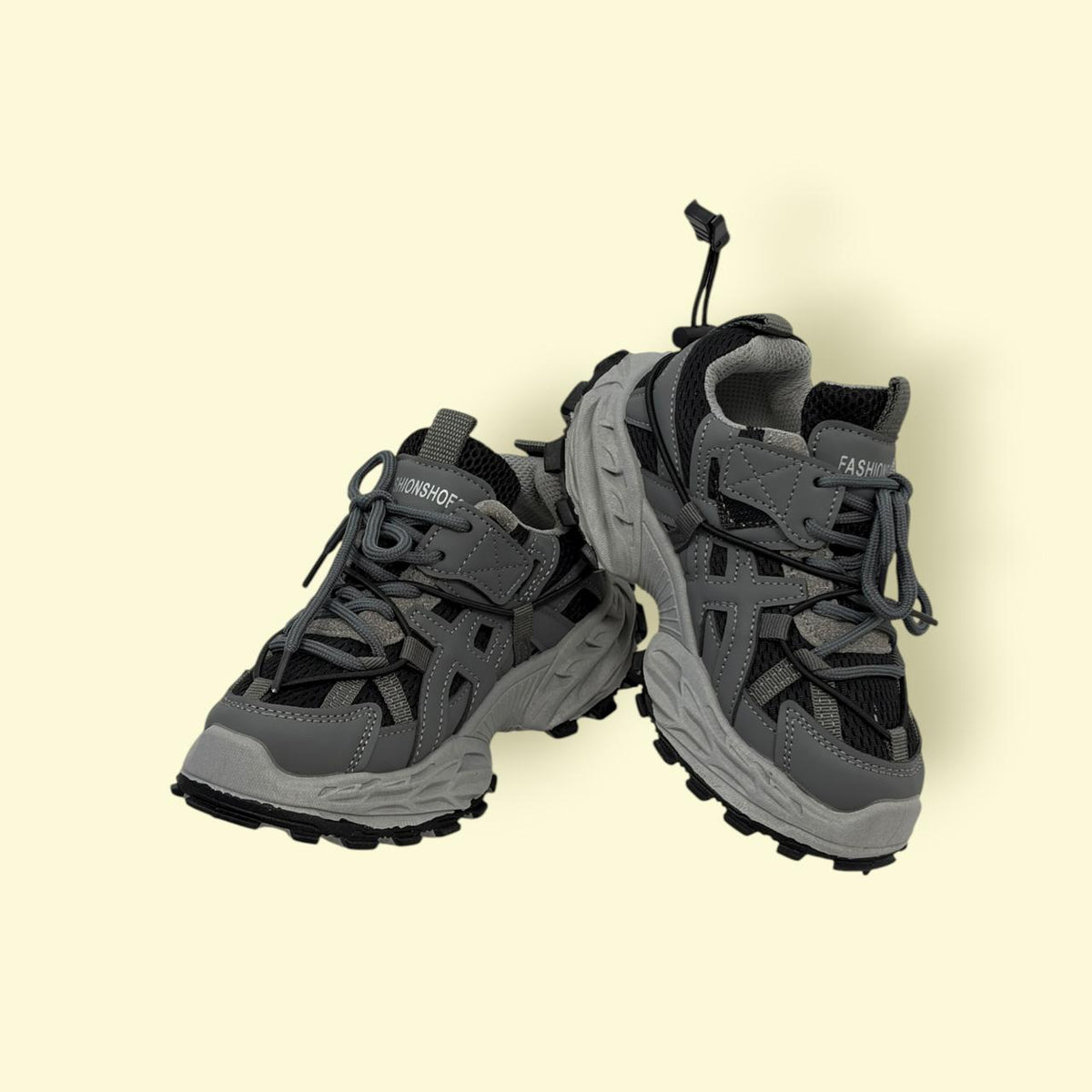 Kids Grey & Black Rugged Sports Sneakers | Heavy-Duty Outdoor Shoes | With Lays & Sticker