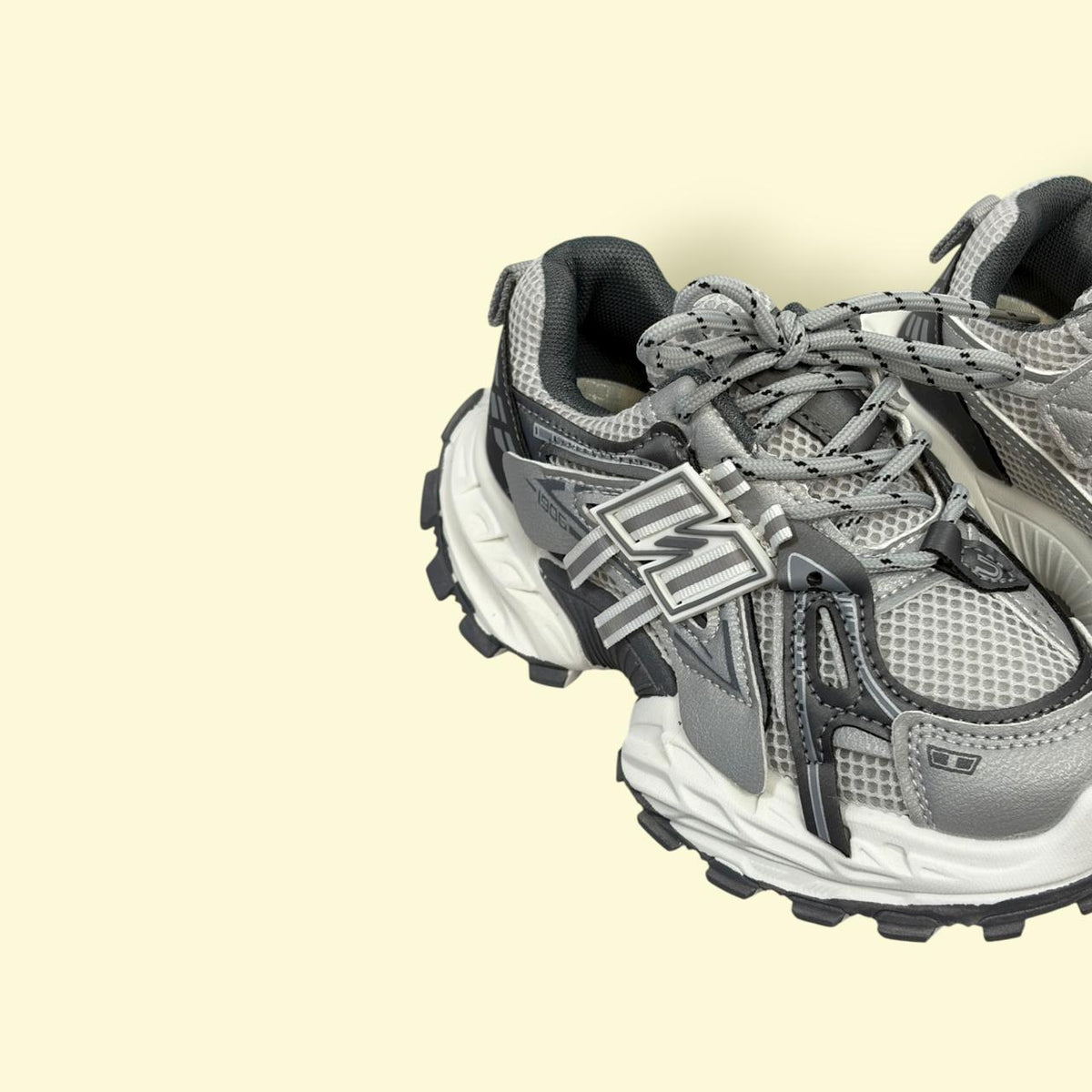 Kids Grey Chunky Sports Sneakers – Breathable Mesh | Rugged Grip Sole | Lace & Sticker Option