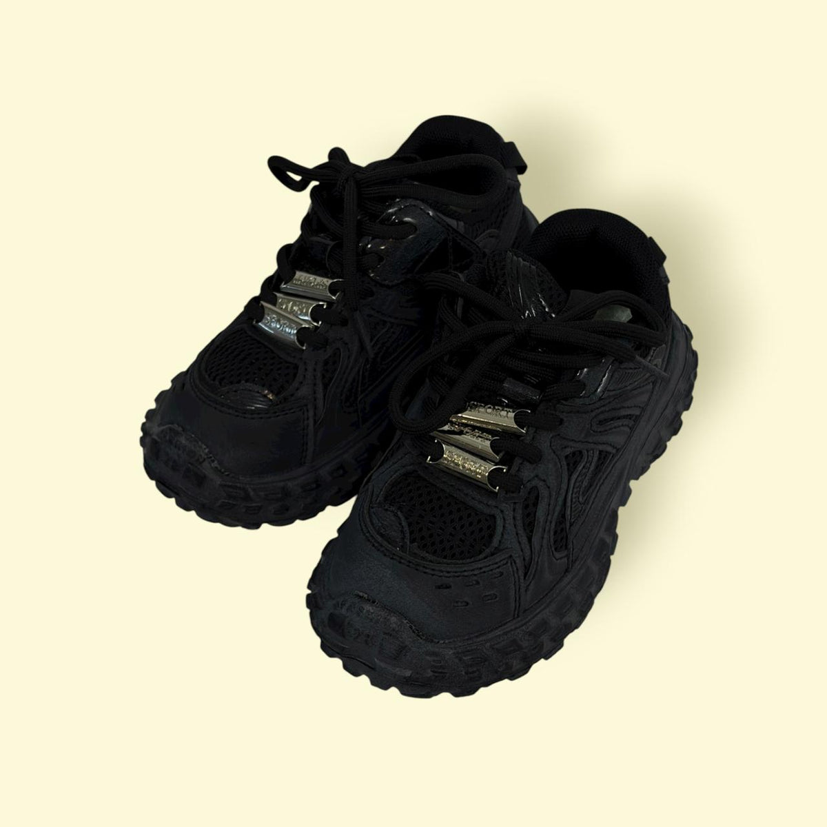 Black Chunky Trail Sneakers for Men &amp; Women – Dual Closure (Lace & Sticker Strap) | Trendy All-Terrain Shoes