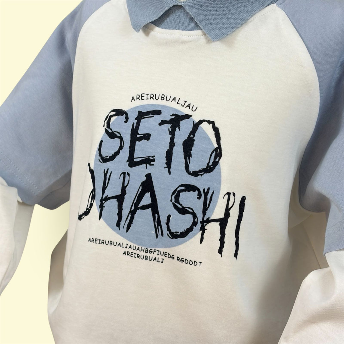 Boys Stylish Collared Layered Long Sleeve T-Shirt – Blue & White “SETO OHASHI” Printed Top &nbsp;