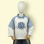 Boys Stylish Collared Layered Long Sleeve T-Shirt – Blue & White “SETO OHASHI” Printed Top &nbsp;