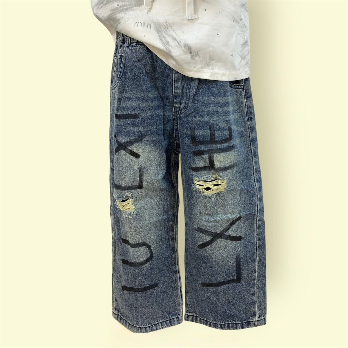 Kids’ Elastic Waist Printed Distressed Denim Jeans