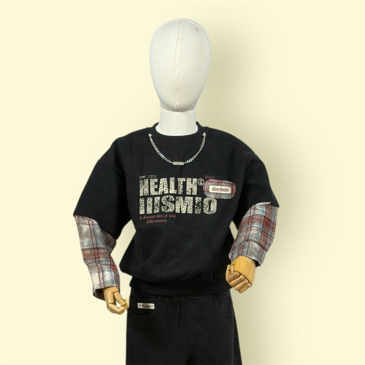 Kids Black Graphic Sweatshirt with Checked Sleeves