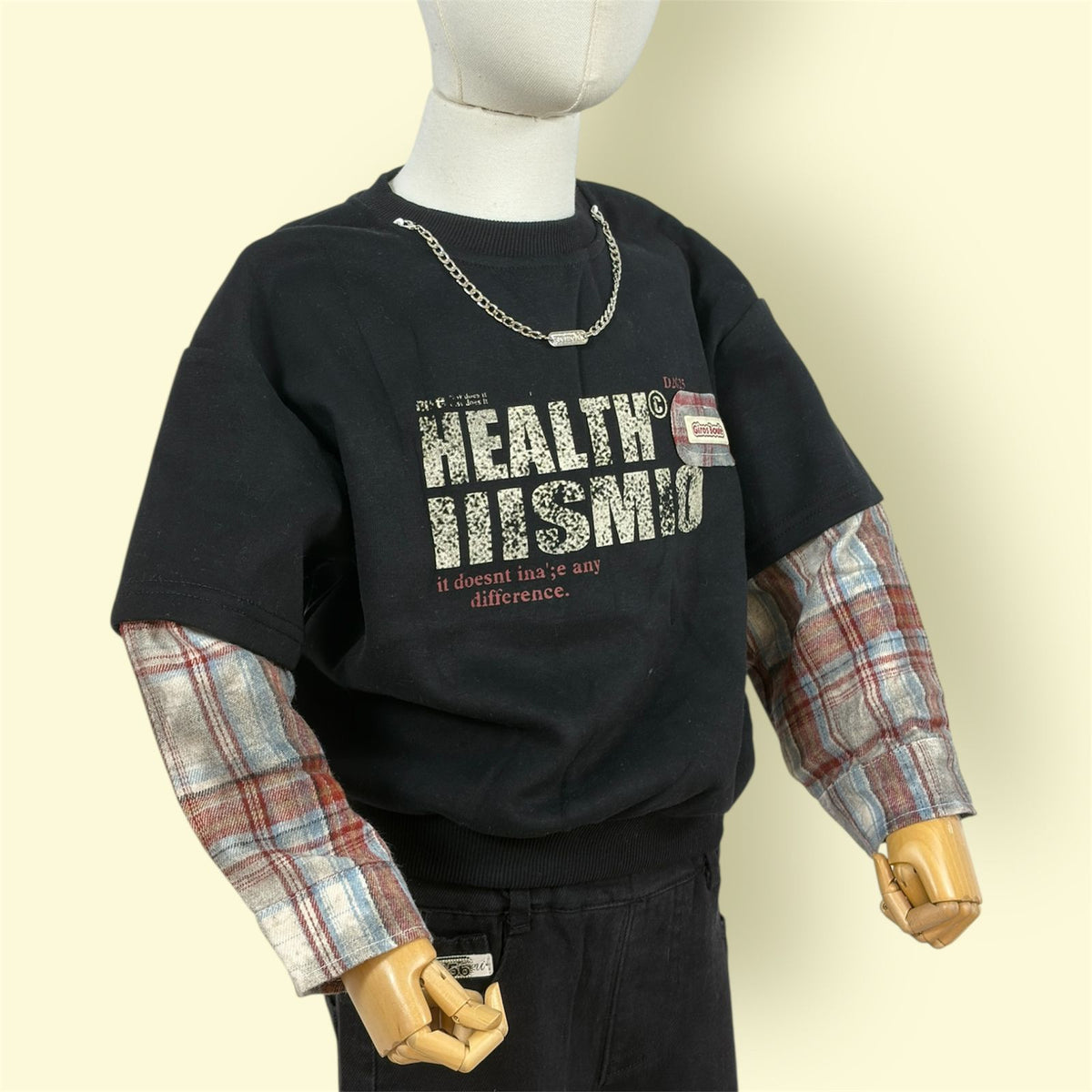 Kids Black Graphic Sweatshirt with Checked Sleeves