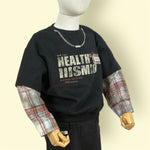 Kids Black Graphic Sweatshirt with Checked Sleeves