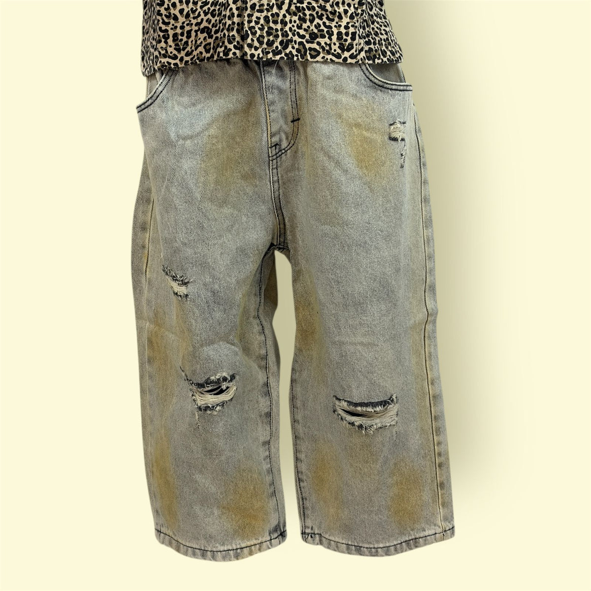 Kids Distressed Denim Jeans with Elastic Waist and Washed Look