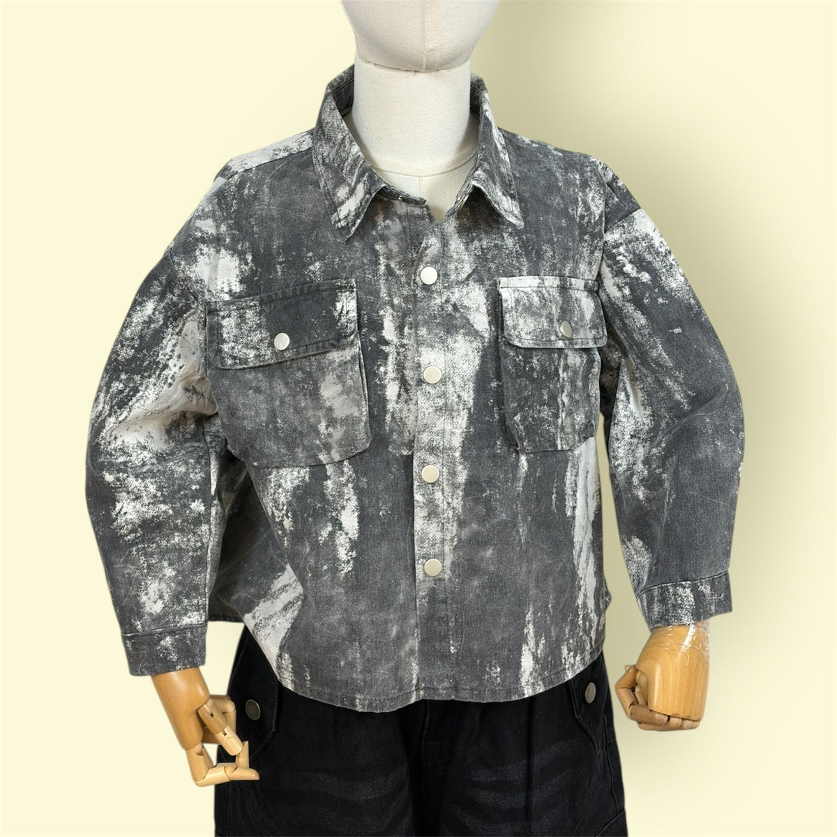 Kids Grey Tie-Dye Denim Shirt with Front Pockets