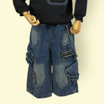 Kids Blue Denim Cargo Pant with Elastic Waist and Zipper Pockets