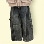 Kids Black Cargo Denim Pants with Side Stripes and Elastic Waist