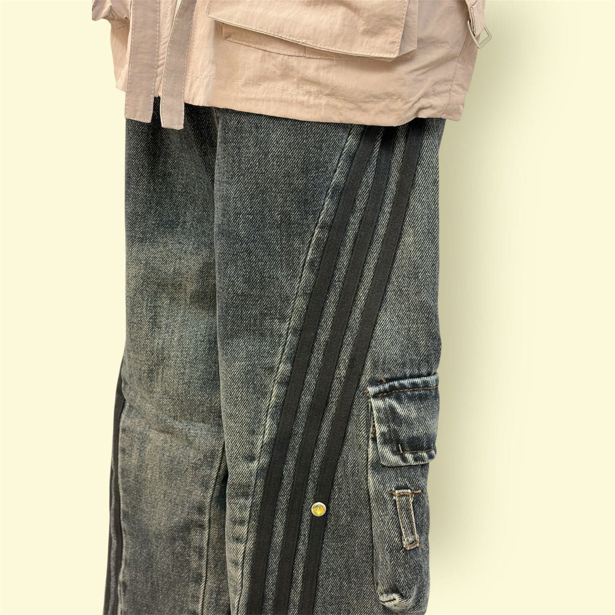 Kids Black Cargo Denim Pants with Side Stripes and Elastic Waist