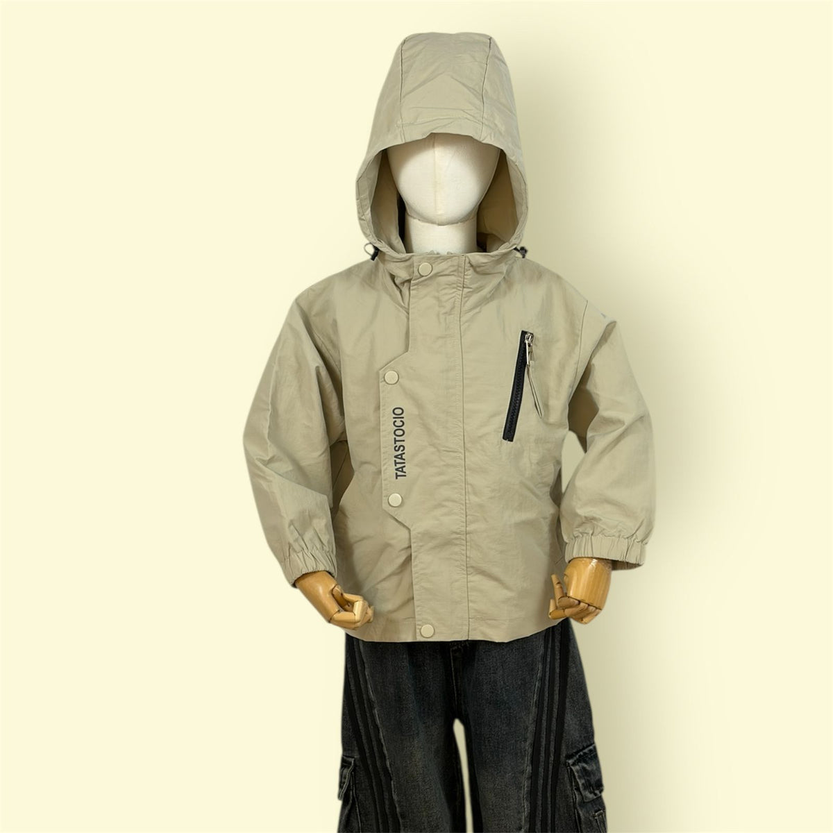 Kids Beige Hooded Jacket with Front Zip and Pocket Detail