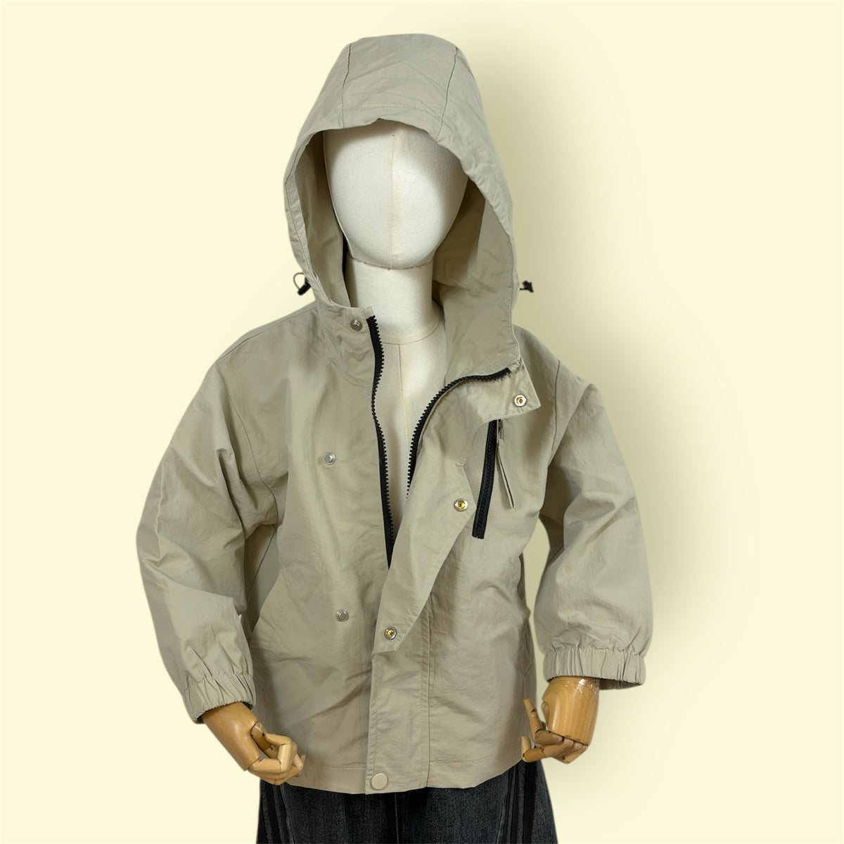 Kids Beige Hooded Jacket with Front Zip and Pocket Detail