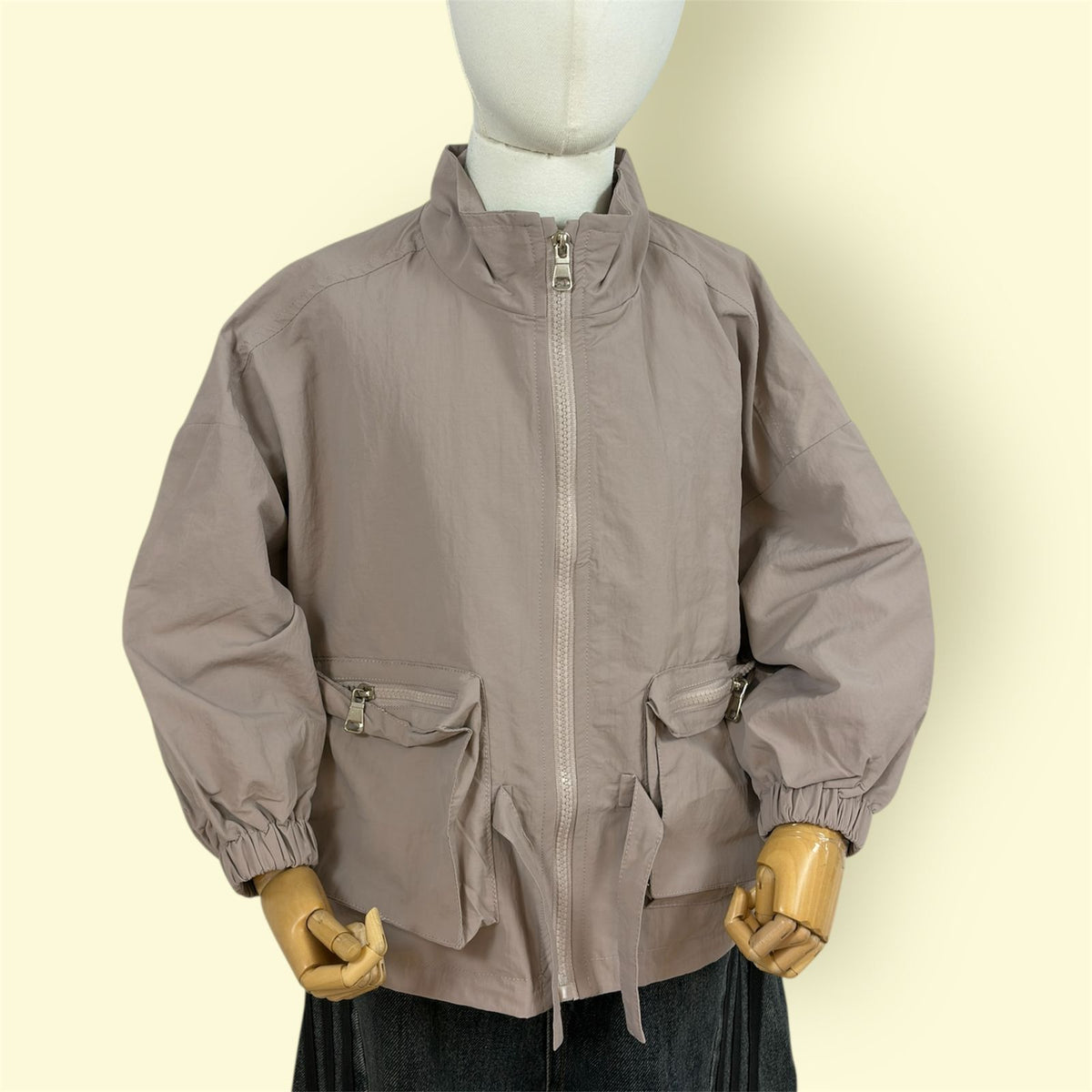 Kids Beige Zipper Jacket with Front Pockets and Elastic Cuffs