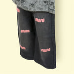 Kids Black Wide-Leg Pants with Pink Embroidery | Soft Denim Elastic Waist Trousers for Girls