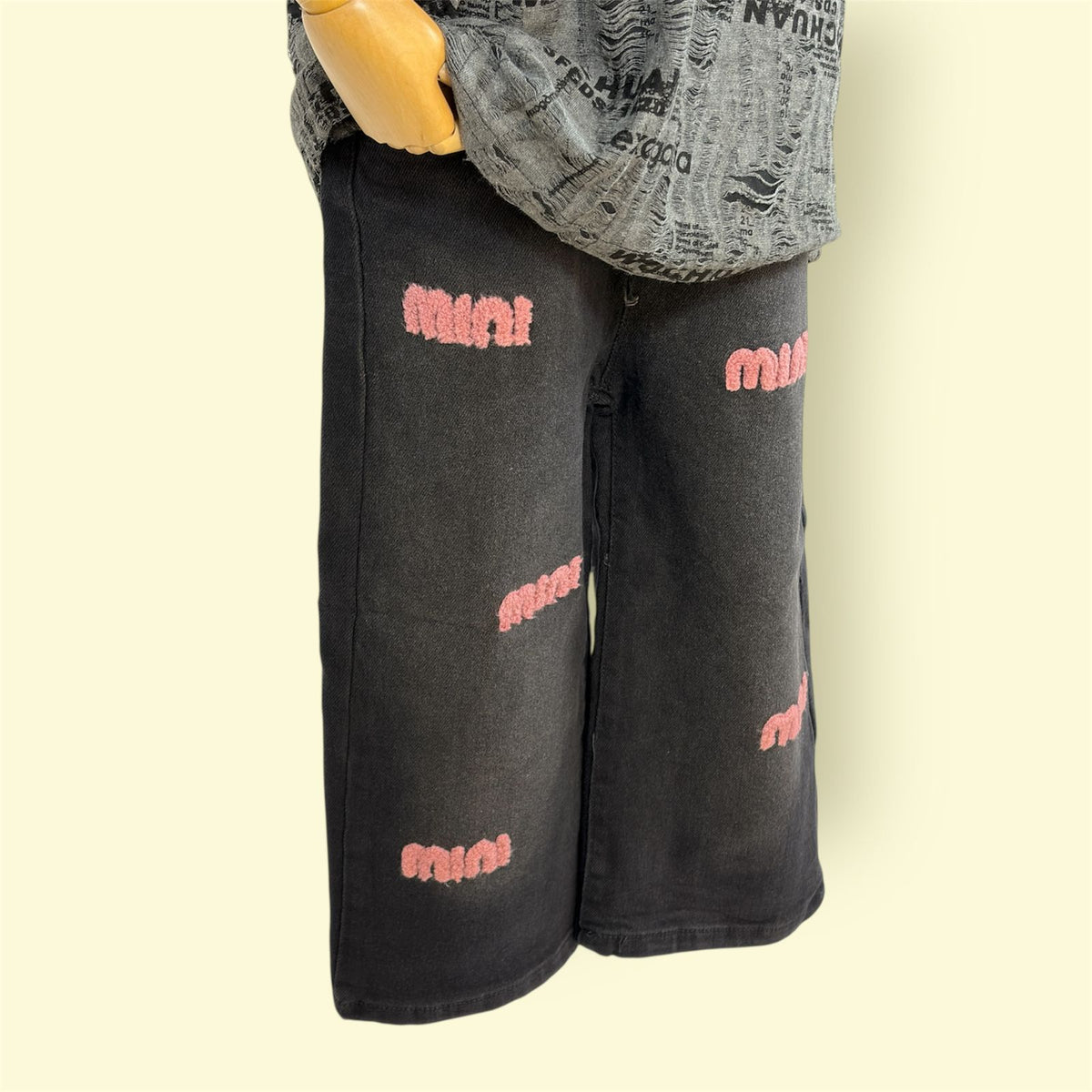 Kids Black Wide-Leg Pants with Pink Embroidery | Soft Denim Elastic Waist Trousers for Girls