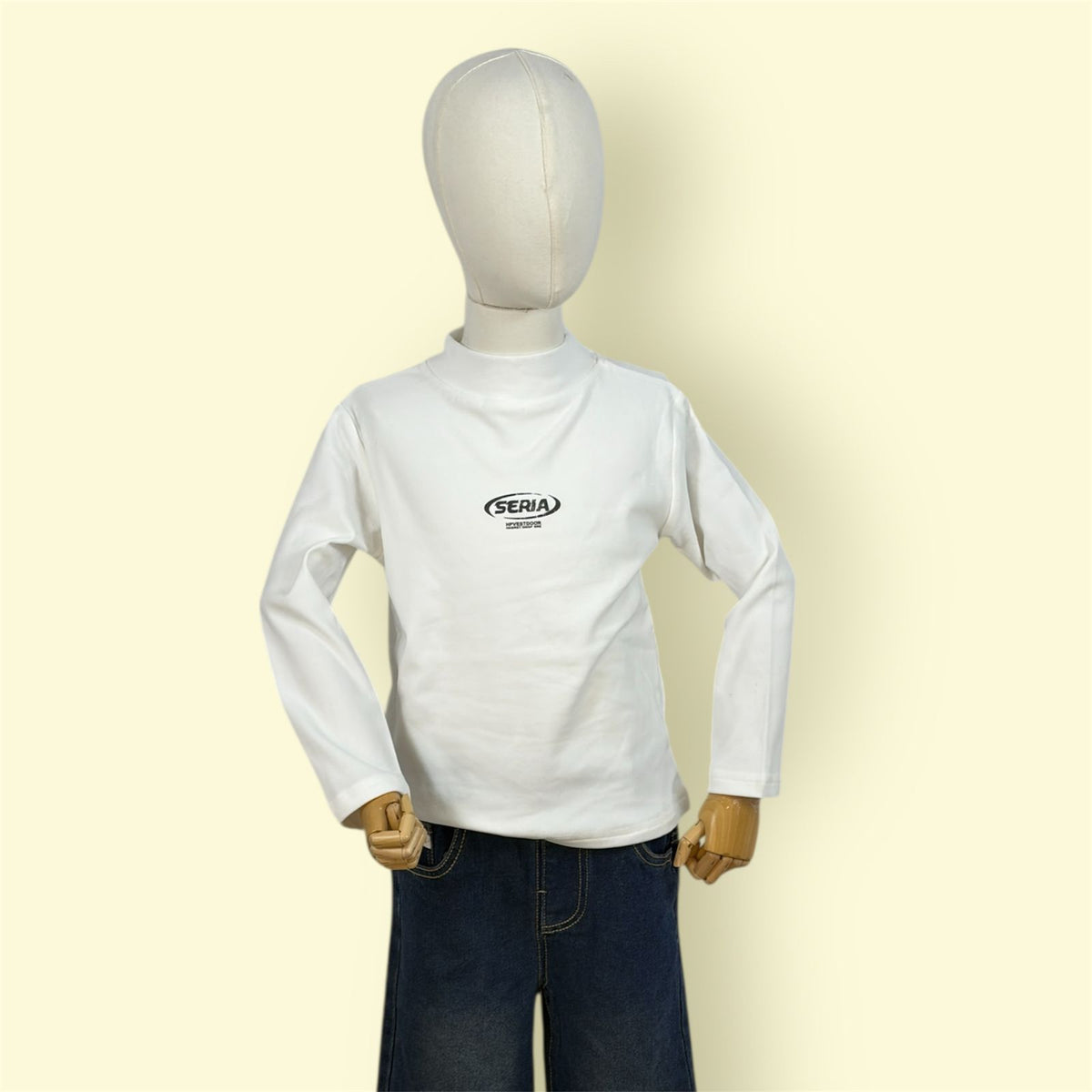 Kids White High Neck Printed Full Sleeve T-Shirt