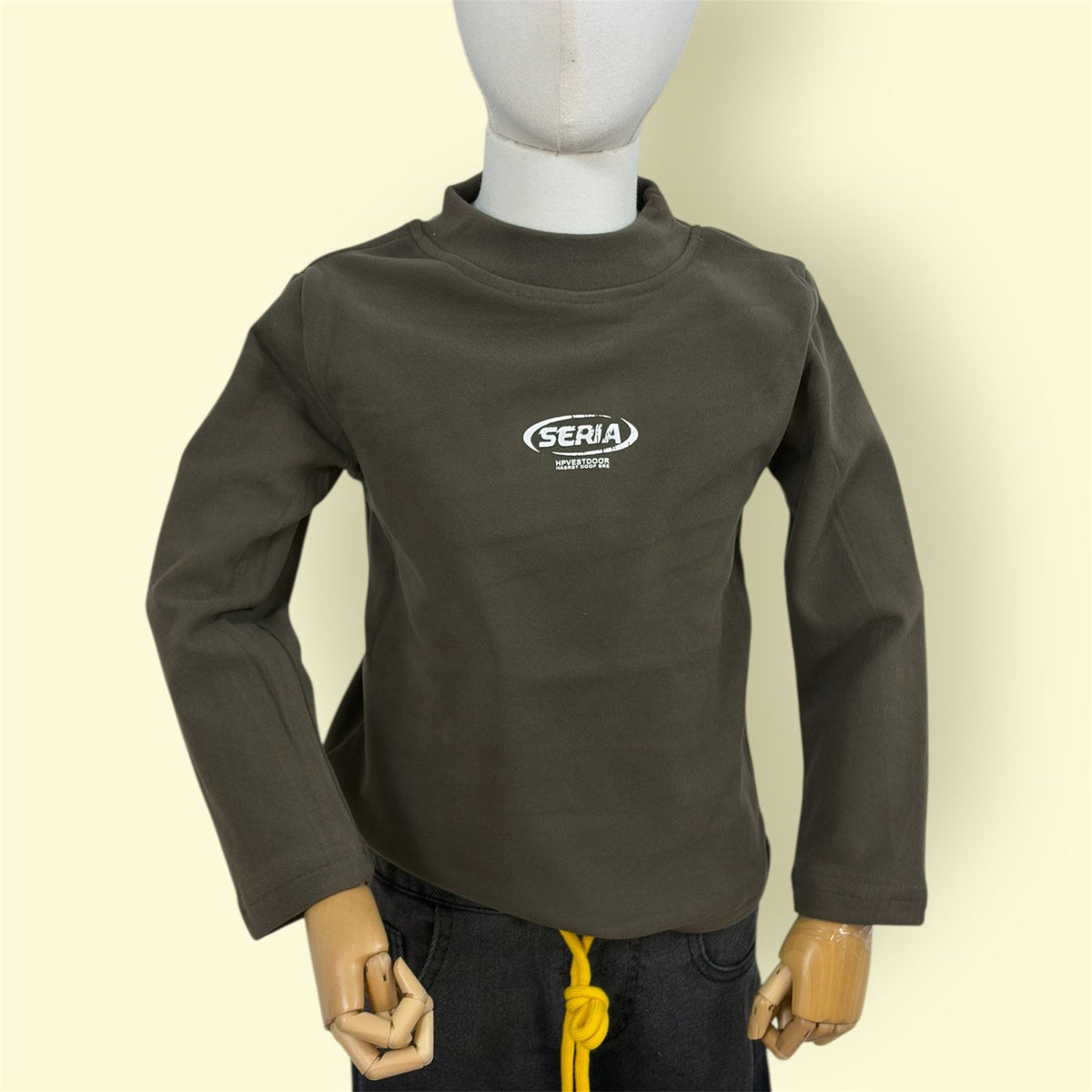 Olive Green Full Sleeve Kids T-Shirt with Printed Logo | Stylish Casual Top for Boys & Girls