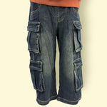 Vintage Elastic-Waist Denim Cargo Jeans – Multi-Pocket Streetwear Pants